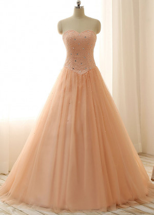 Peach Tulle Beads Sweetheart Neckline Long Prom Dress